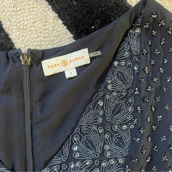 Tory Burch Silk Beaded Sequin Luxe Pleated Cocktail Dress in Navy Size 4 - Picture 6 of 16